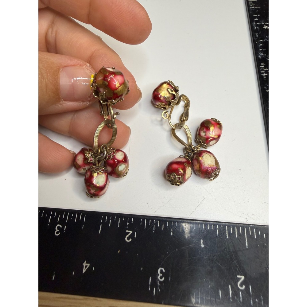 Vintage Red Gold Fleck Art Glass Bead Cluster Clip On Drop Earrings